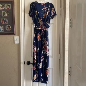 Women’s Blue Floral Print Jumpsuit, Long, Full-Length, Size Small.